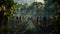 Group of people walking over a swing bridge in the jungle in a line created with Generative AI