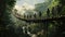 Group of people walking over a swing bridge in the jungle in a line created with Generative AI