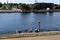 Group of people on walking tour,along the shores of Lake Ontario, New York, 2016