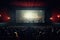 A group of people watching a movie on a big screen at a crowded theater, large audience watching movie mockup white screen in