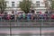 Group of people watching to the sky on police helicopters on military parade