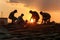 A group of people working on top of a house roof and placing tiles. Sunset backlight. People silhouettes