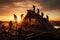 A group of people working on top of a house roof and placing tiles. Sunset backlight. People silhouettes