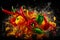 Group of peppers splashing into pile of orange and green peppers. Generative AI