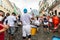 Group of percussionists are seen during the civic parade of the independence of Bahia in Pelourinho, in Salvador