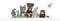 Group of pets leaning together on a empty web banner to place text. Cats, dogs, rabbit, ferret, rodent, reptile, bird