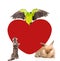 Group of pets together with big red heart . Space for text. isolated