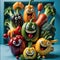 Group photo of happy vegetable cartoon characters, in a cooking pan together, smiling, whimsical