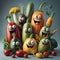 Group photo of happy vegetables cartoon characters, standing together