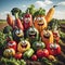 Group photo of happy vegetables cartoon characters, standing together, smiling