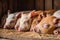 group of piglets sleeping side by side in a cozy barn, with their tiny snouts and ears in view