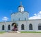 Group of pilgrims enters Assumption Cathedral of Holy Dormition Knyaginin convent, Vladimir, Russia