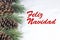 Group of pine trees and some branches with text in Spanish `Feliz Navidad` in white snow background