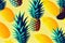 a group of pineapples on a yellow background with blue and yellow highlights on them