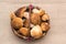 Group of porcini mushrooms on linen. The natural color and texture. Mushroom in the basket.