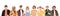 Group portrait of young modern people. Banner with happy smiling men and women on white background. Pretty male and