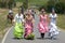 Group portrait young women colorful costumes