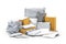 A Group of Postal Pack; plastic bag, paper envelope, brown paper box in studio light on the white background. Clipping Paths