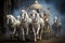 A group of powerful white horses pulling a beautiful carriage through a scenic countryside., A royal chariot led by white horses,