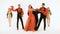 A group of professional actors dancing on a white background. The girl singer in the red dress. Two young men in black