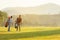 Group Professional Golfer asian man walking in fairway with bag golf with multiethnic club.  Hobby in holiday and vacation with fr