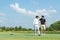 Group Professional Golfer asian man walking and hug for friendship after finish put ball on green. Hobby in holiday and vacation w