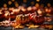 A group of pumpkins with leaves on table