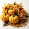 A group of pumpkins and sunflowers on a table, autumn clip art.