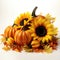 A group of pumpkins and sunflowers on a table, autumn clip art.