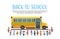 Group pupils children over yellow school bus transport concept on white background flat copy space horizontal