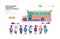 Group pupils children over yellow school bus transport concept on white background flat copy space horizontal