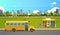 Group pupils children waiting yellow school bus station transport concept on cityscape background flat horizontal