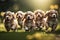 group of puppies running and playing together in park