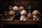 Group of puppies on a wooden shelf in front of a dark background, A group portrait of adorable puppies, AI Generated