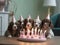 A group of puppy dog wearing party hat with a birthday cake at home blow candles, generative AI