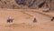 Group on Quad Bike Rides through the Desert in Egypt on backdrop of Mountains. Driving ATVs.