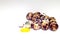 Group quail eggs cracked on white background