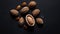 Group of raw peeled almonds on dark background. Generative AI