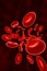 Group of red blood cells or corpuscles flowing. Red background with large copy space. Medicine and biology 3d render illustration