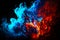 Group of red and blue smokes on black background with black background. Generative AI