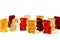Group of red, orange and burgundy Gummi bears isolated on white