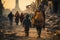 a group of refugees with backpacks leave the destroyed city