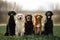 group of retriever dogs sitting together outdoors