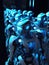 A group of robots stand in formation illuminated by bright blue lights as their AIdriven minds process a complex problem