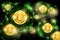 Group of round spheres with binary code and golden bit coin in the center. Business green horizontal background