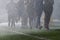 A group of runners during a marathon while it is raining