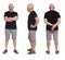 Group of same Bald man with sandals t-shirt and shorts on white, front,back and rear view