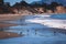 Group of sandpipers walking along the water\'s edge and searching for food, Santa-Barbara beach, California, focus on first marine