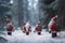 Group of Santa Clauses in snowy forest on Christmas New Year Day, fabulous creatures. AI generated