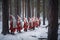 Group of Santa Clauses in snowy forest on Christmas New Year Day, fabulous creatures. AI generated